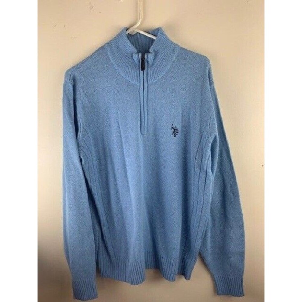 US Polo Assn Size L Mens Sweater Pull Over Pale Blue 1/4 Zip Rib Cuff Hem